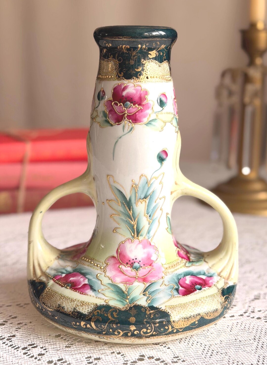 Antique Nippon Hand Painted Vase | Moriage Gold Floral Double Handle ...