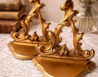 Paire d'étagères murales vintage en or Syroco, décoration murale rococo hollywoodienne Regency, étagères Syroco style Homco Burwood