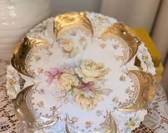Antique European Porcelain 10" Floral Bowl, Red Crown Backstamp, Pink & Yellow Roses, Heavy Gold Gilt Stencil, Circa 1900