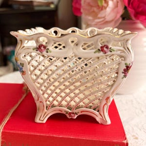 Vintage Dresden Reticulated Porcelain Basket, Hand Painted Floral Lattice Bowl