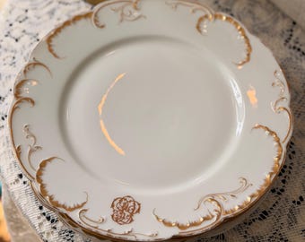 Haviland Limoges France Dinner Plate 9.5”, Gold Gilt Porcelain, Antique French China, Hairline Crack / Chip