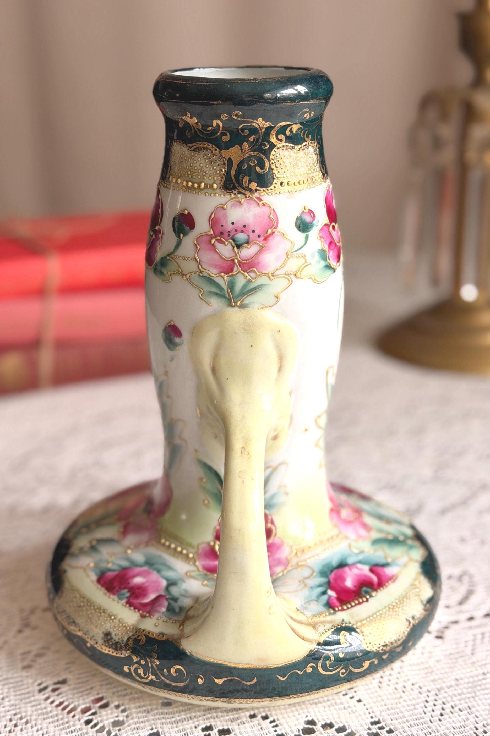 Antique Nippon Hand Painted Vase | Moriage Gold Floral Double Handle ...