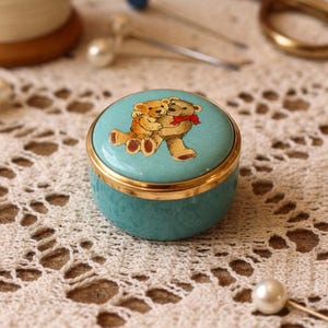 Halcyon Days Enamel Trinket Box Teddy Bear Miniature | Vintage English Pill Box | Tiny Collectible Gift | Hinged Keepsake Box
