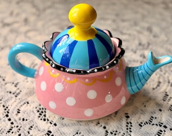 Outta Hand Mini Teapot | Hand Painted Whimsical Ceramic Teapot Decor | Colorful Polka Dot Cottagecore Display Piece