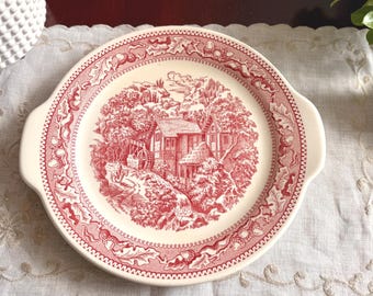 Vintage Red Transferware Serving Tray with Handles | Farm Scene Ironstone Platter | Cottagecore Dish | Matches Plate Set