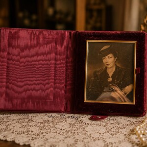 May include: A burgundy velvet photo album with a framed portrait of a woman in a hat. The album is open, revealing a textured interior. A lit candle, a mirror, and a string of pearls are also visible.