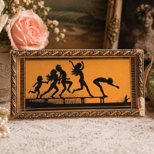 Fidus Summer Reverse Silhouette Art | Art Nouveau Gold Glass Dancing Children Print
