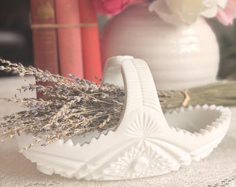 Vintage Milk Glass Basket | White Glass Centerpiece Bowl with Handle | Cottagecore Decor | Farmhouse Table Decor | Wedding Floral Basket