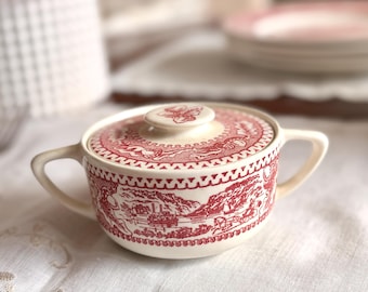 Vintage Red Transferware Covered Sugar Bowl | Farm Scene Ironstone | Cottagecore Dish | Matches Red Transferware Plates