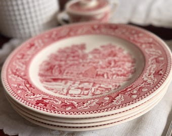 Set of 4 Vintage Memory Lane Red Transferware Plates | Vintage Farm Scene Ironstone | Cottagecore Dish Set | English Country Decor