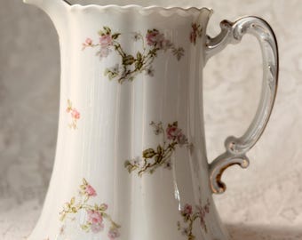 Antique Haviland Limoges Pitcher | French Floral Porcelain Gold Trim | Romantic Cottage Decor | Vintage Serving Pitcher
