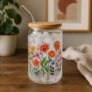Iced Coffee Cup - Spring Fling - Glass Cup with Bamboo Lid and Glass Straw - Aesthetic Reusable Cup - Gift Idea
