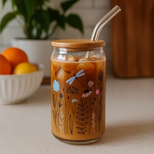 Cute Iced Coffee Cup with Lid and Straw - Dragonfly Dream Design - 16 oz Reusable Glass - Bamboo Lid and Straw