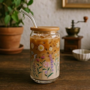 Cute Coffee Cup - Wild Meadow  - Glass Straw and Bamboo Lid - 16oz - Iced Coffee Glass