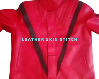 Michael Jackson Thriller Jacket Red Leather 80s Cosplay Costume Black Stripes MJ Tribute