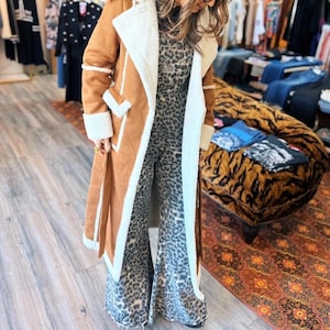 Women's Brown Suede Penny Lane Afghan Coat, Handmade Sheepskin Shearling Long Coat, 90s Vintage Boho Trench Coat, Hippie Winter Overcoat