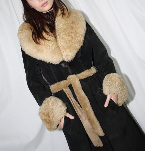 Vintage Afghan Shearling Coat: Handmade Suede Fur Trim