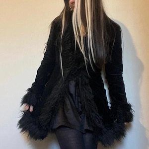 Women&#39;s Black Suede Leather Penny Lane Coat, Long Afghan Shearling Fur Coat, Vintage Bohemian Mongolian Coat, 1980s Winter Gift