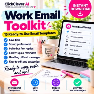 Könnte beinhalten: Ein digitales Arbeits-E-Mail-Toolkit mit 15 gebrauchsfertigen E-Mail-Vorlagen. Die Grafik zeigt einen Laptop-Bildschirm mit einer Liste von E-Mail-Typen, eine Tasse mit dem Text Better Emails Brighter Days und einen Notizblock mit dem Text Plan Write Send Get things done.