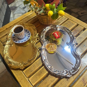 2-Piece Gold  Silver Ornate Serving Tray Set – Elegant Tea & Coffee Presentation Platters for Weddings, Engagements  Home Decor