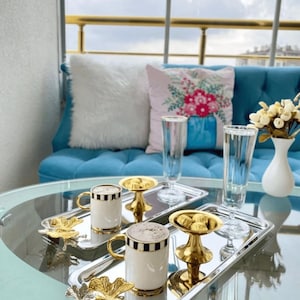 Stainless Steel Rectangular Tray Set of 6 – 31x13cm Gold Floral Serving Trays for Tea, Desserts, Snacks | Elegant Gift for Her