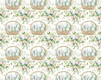 Pastel Easter Basket & Flowers Cotton Fabric, Watercolor Spring Egg Print, Pure Cotton Quilting Fabric, Easter Fabric, By The Half Yard