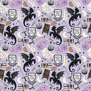 May include: A repeating pattern on a light purple background featuring black dragons, Basgiath War College shields, scrolls with the text I will not die today, white feathers, swords, daggers, potion bottles, stacks of books, orange slices, and flowers.