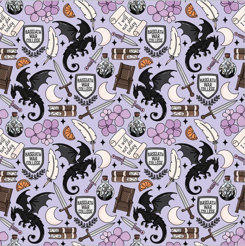 May include: A repeating pattern on a light purple background featuring black dragons, Basgiath War College shields, scrolls with the text I will not die today, white feathers, swords, daggers, potion bottles, stacks of books, orange slices, and flowers.
