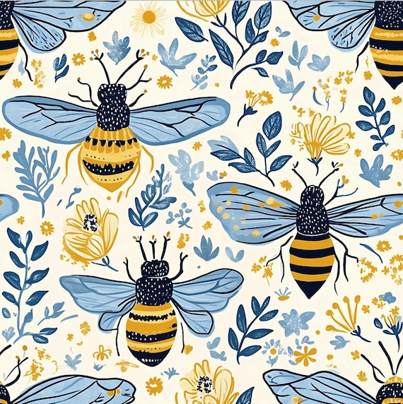 Flowers and Bees Cotton Fabric, Spring Fabric, Wildflower Fabric, Honeybee Floral Botanical Pure Cotton Quilting Fabric, By The Half Yard
