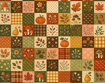 Patchwork Pumpkin Mushroom Harvest Print Autumn Cotton Fabric for Quilting Sewing and Crafts Half Yard - Cut Continuously