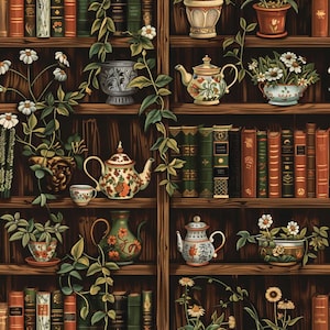 May include: A wallpaper pattern featuring dark wooden bookshelves filled with rows of vintage books, ornate ceramic teapots, and potted plants with white flowers. The design includes climbing green vines that drape across the shelves.