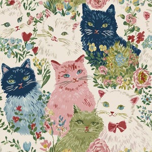 Whimsical Vintage Cat Floral Print Animal Cotton Fabric for Quilting Sewing and Crafts Half Yard - Cut Continuously