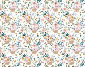 Spring Flower Basket Cotton Fabric, Watercolor Floral Print, Pure Cotton Quilting Fabric, Spring Garden Sewing Fabric, DIY By The Half Yard