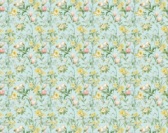 Spring Birds & Flowers Cotton Fabric, Watercolor Vintage Floral Print, Pure Cotton Quilting Fabric, Pastel Sewing Fabric By The Half Yard