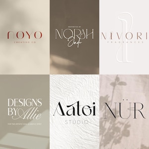 Può includere: Una collezione di sei loghi in vari font e stili. I loghi presentano testi come "NOYO Creative Co", "NORAH Jade", "NIVORI Fragrances", "DESIGNS BY Allie", "Aatoi STUDIO" e "NÜR". La tavolozza dei colori include sfumature di marrone, beige e bianco.