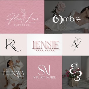 May include: A selection of logos in pink and white. The logos feature text including "Flora & Lane Flower Co.", "Ombre", "Lennie Ever After", "Studio Noire", and "Pehnava by kaur". Some logos incorporate floral or stylized design elements.