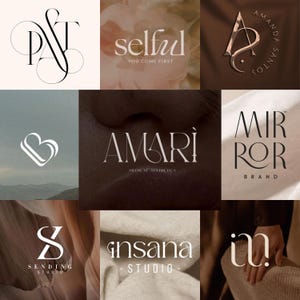 Könnte beinhalten: Eine Sammlung von Logos in verschiedenen Stilen. Die Logos zeigen elegante Typografie und Designs, darunter die Wörter "PAT", "selful", "AMARI", "MIRROR BRAND", "Sending Studio" und "insana STUDIO". Die Farbpalette umfasst Weiß, Schwarz und Gold.