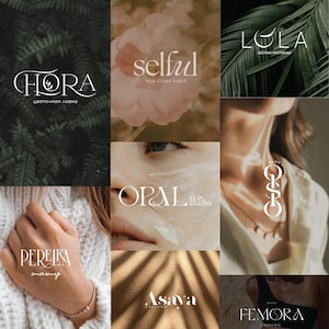 Pode incluir: Uma colagem de logotipos para vários negócios. Os logotipos incluem os nomes: "HORA", "selful", "LOLA", "PEREIRA", "OPAL", "Asava", "GSO" e "FEMORA". Os logotipos são exibidos em fundos de flores, folhas e pele.