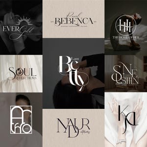 May include: A selection of minimalist logos with sophisticated typography and design. The logos display text including "EVER Gold", "Ravel Bebenca", "Soul Reflections", "The Home of Her", "I am Beauty", "Sne Oshin", "Naur Interiors", and "Ka".