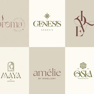 May include: Six minimalist logos with elegant typography in brown and olive green on a neutral background. The logos feature the words "aroma", "Genesis", "love", "Maya", "amélie", and "Asia". The logos are designed for branding purposes.