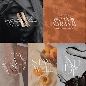 May include: A collage of five distinct graphic design logos featuring text and imagery. Designs include the names Arnellia Valencia, Can Naranja, Anna + Samuel, Stay Well, and In The Nude, displayed with various fonts, botanical illustrations, and photography.