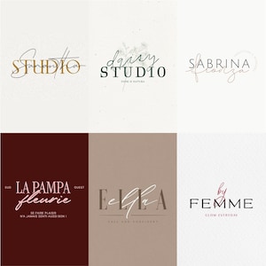 May include: A collection of six distinct logo designs featuring varied typography and layouts. The logos include text such as SAMANTHA STUDIO, daisy STUDIO, SABRINA FRONZA, LA PAMPA fleurie, ELLA, and by FEMME, displayed in diverse fonts and colour palettes.