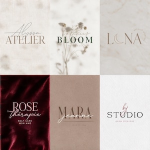 Könnte beinhalten: Eine Sammlung von sechs verschiedenen Logodesigns mit unterschiedlichen Typografien und Texturen. Die Logos umfassen Alyssa Atelier, Botanics Bloom, Luna Natural Alchemy, Rose Thérapie Self Care Mon Ame, Mara Jeanne Slow Living und By Studio Glow Everyday.