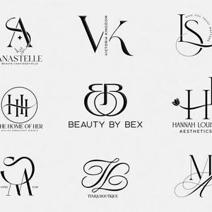 Könnte beinhalten: Neun elegante Schwarz-Weiß-Logos mit verschiedenen Initialen und Markennamen. Die Logos enthalten Texte wie "Anastelle", "Victoria Kingdom", "The Home of Her", "Beauty by Bex", "Hannah Louise Aesthetics" und "Tiara Boutique."