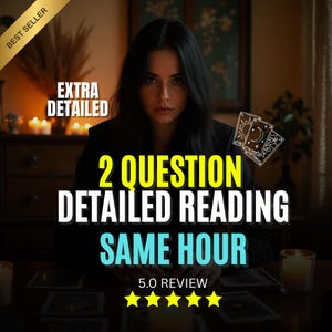 May include: Image features a woman with dark hair, centered in the frame, with text overlay: "2 QUESTION DETAILED READING SAME HOUR." The image includes tarot cards and a "BEST SELLER" banner. Five gold stars indicate a 5.0 review.