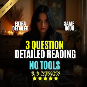 May include: Image features a woman with dark hair, centered in the frame. Text overlay reads "3 QUESTION DETAILED READING NO TOOLS 5.0 REVIEW" with five gold stars. Additional text includes "EXTRA DETAILED" and "SAME HOUR".