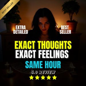 以下が含まれることがあります： 女性と「EXACT THOUGHTS EXACT FEELINGS SAME HOUR」というテキストを含む画像。画像には「BEST SELLER」、「EXTRA DETAILED」、5つ星評価のテキストも含まれています。