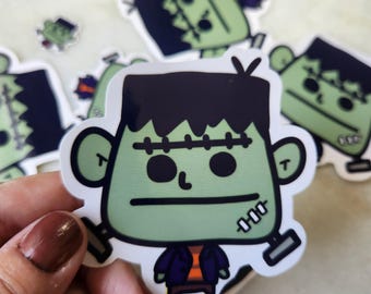 Cute Frankenstein Halloween Vinyl Sticker | Spooky Removable Decal | Creepy Cute Monster Sticker for Laptop, Water Bottle, Notebook, White