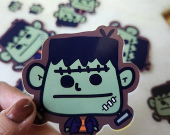Cute Frankenstein Halloween Vinyl Sticker | Spooky Removable Decal | Creepy Cute Monster Sticker for Laptop, Water Bottle, Notebook, Brown