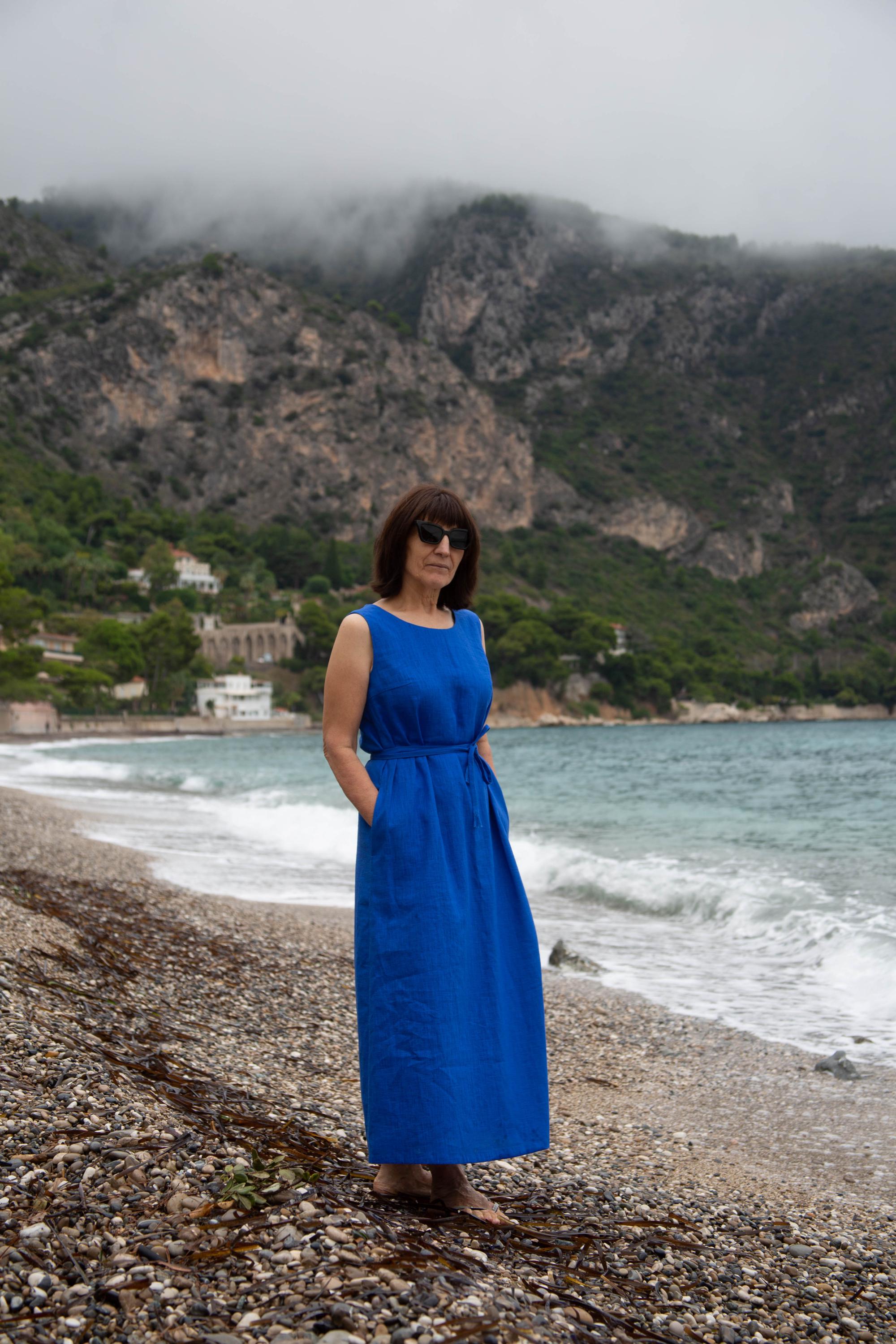 chinese dress ladies Dimple Cobalt Blue Cotton Linen Dress For Women Online